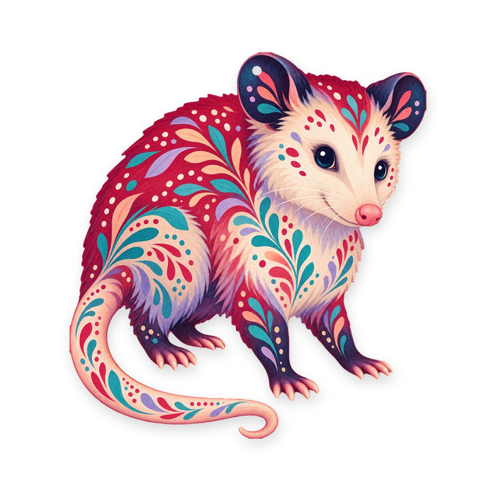 Virginia Opossum folk art ornament O272 on white, laser-cut maple wood, made in USA