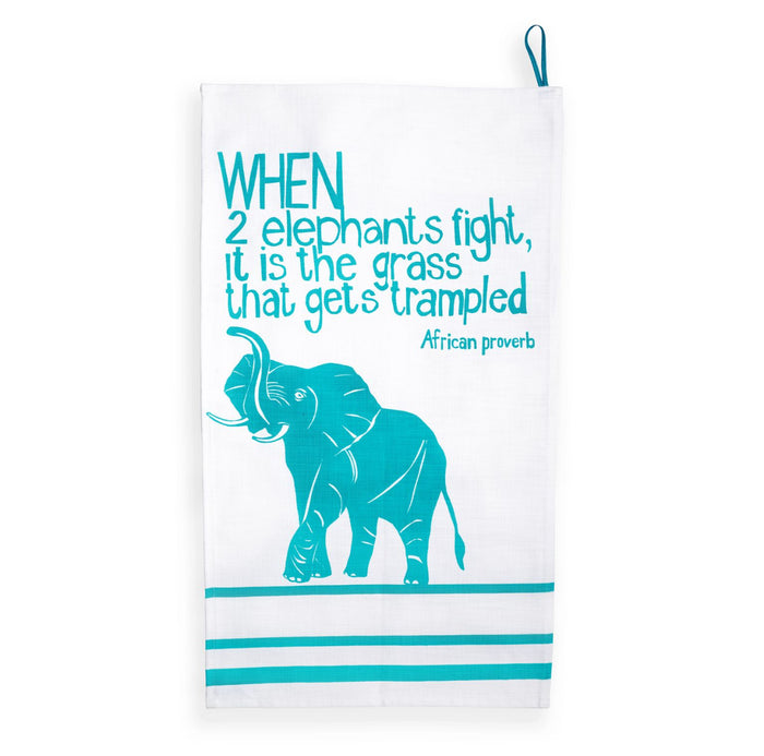"When 2 Elephants Fight" African Proverb Tea Towel