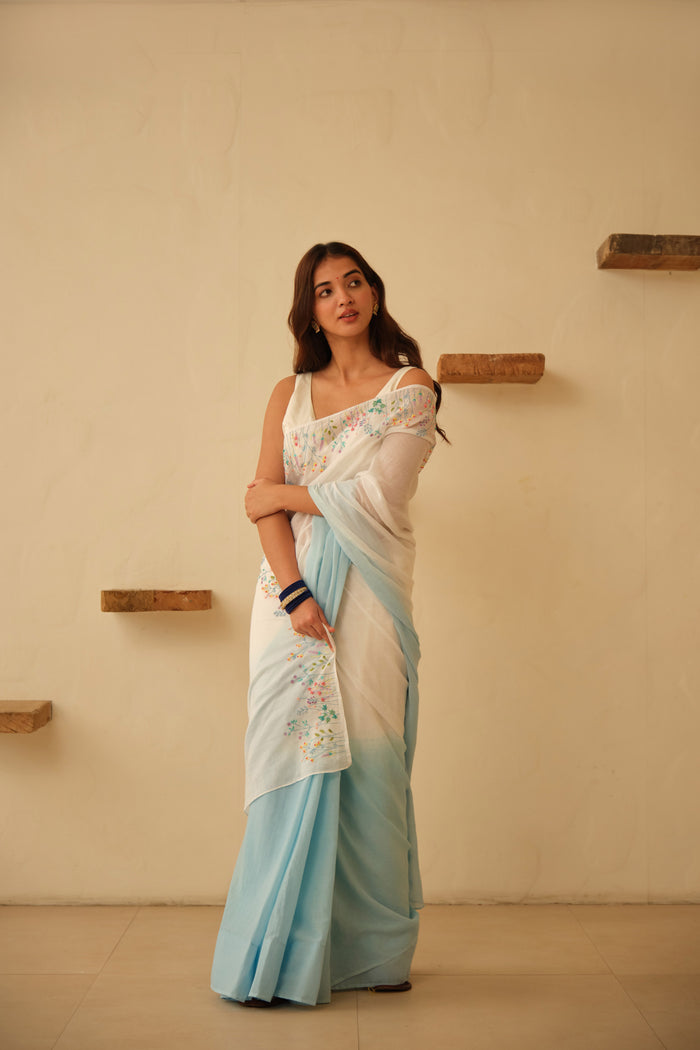 White & Blue Ombre Floral Hand Embroidered Cotton Sari