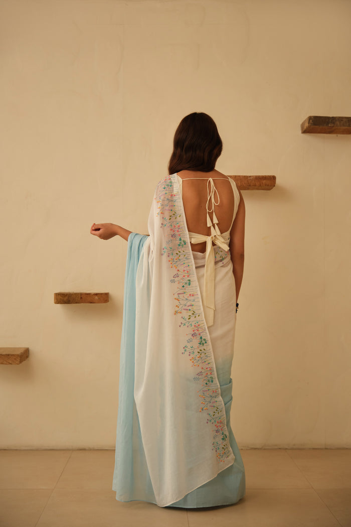 White & Blue Ombre Floral Hand Embroidered Cotton Sari