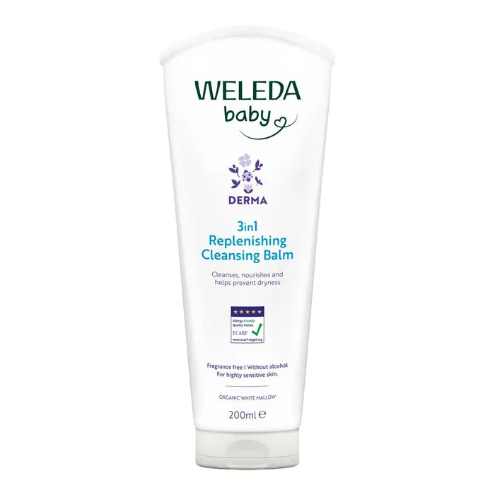 A 200ml white squeeze tube of Weleda Baby Derma 3-in-1 Replenishing Cleansing Balm, featuring purple and blue text on a clean white background.