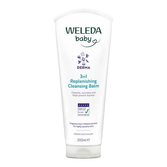 A 200ml white squeeze tube of Weleda Baby Derma 3-in-1 Replenishing Cleansing Balm, featuring purple and blue text on a clean white background.