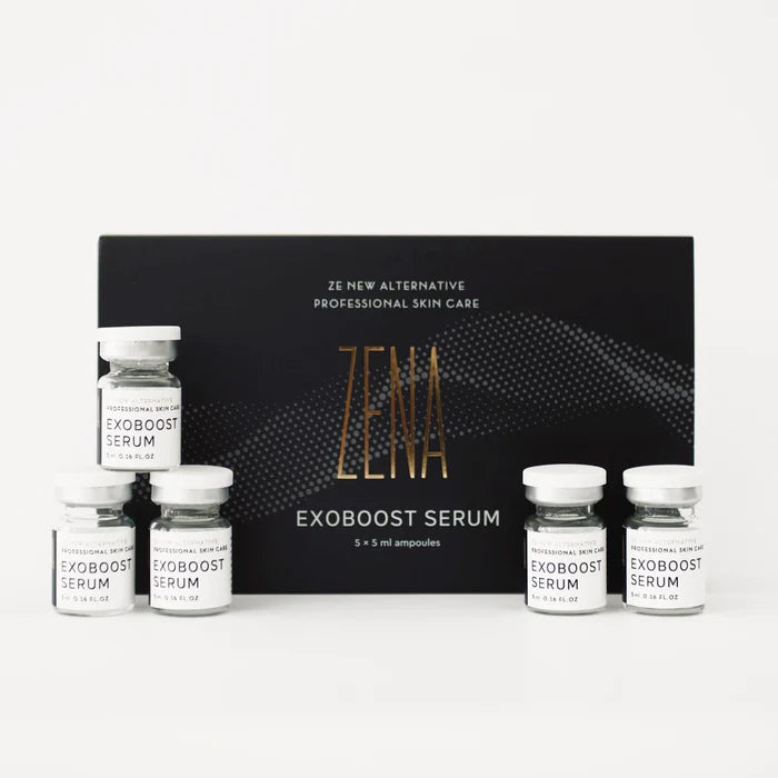 Zena Exoboost serum bottle with exosomes and peptides for glass skin hydration and anti-aging benefits