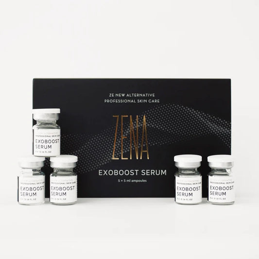 Zena Exoboost serum bottle with exosomes and peptides for glass skin hydration and anti-aging benefits